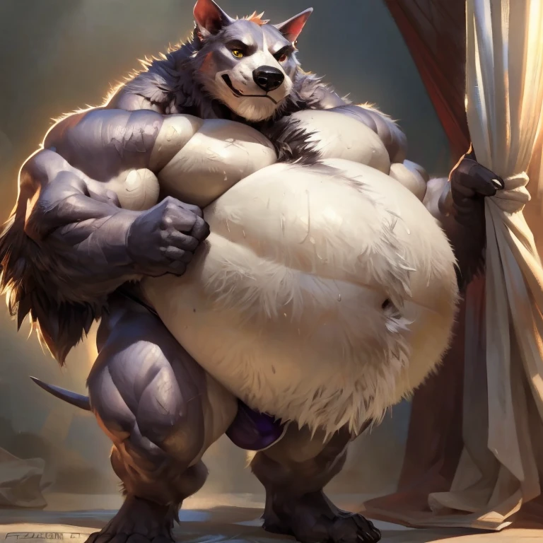 (cute, fat, obese, anthro, male, white wolf), fullbody, nude, (lilac briefs), roses wrap around an ornate pillars, arch with a skull carved into the pillar fog, moonlight lit, hires textures, highly detailed, intricate details, best quality, masterpiece, detailxl
