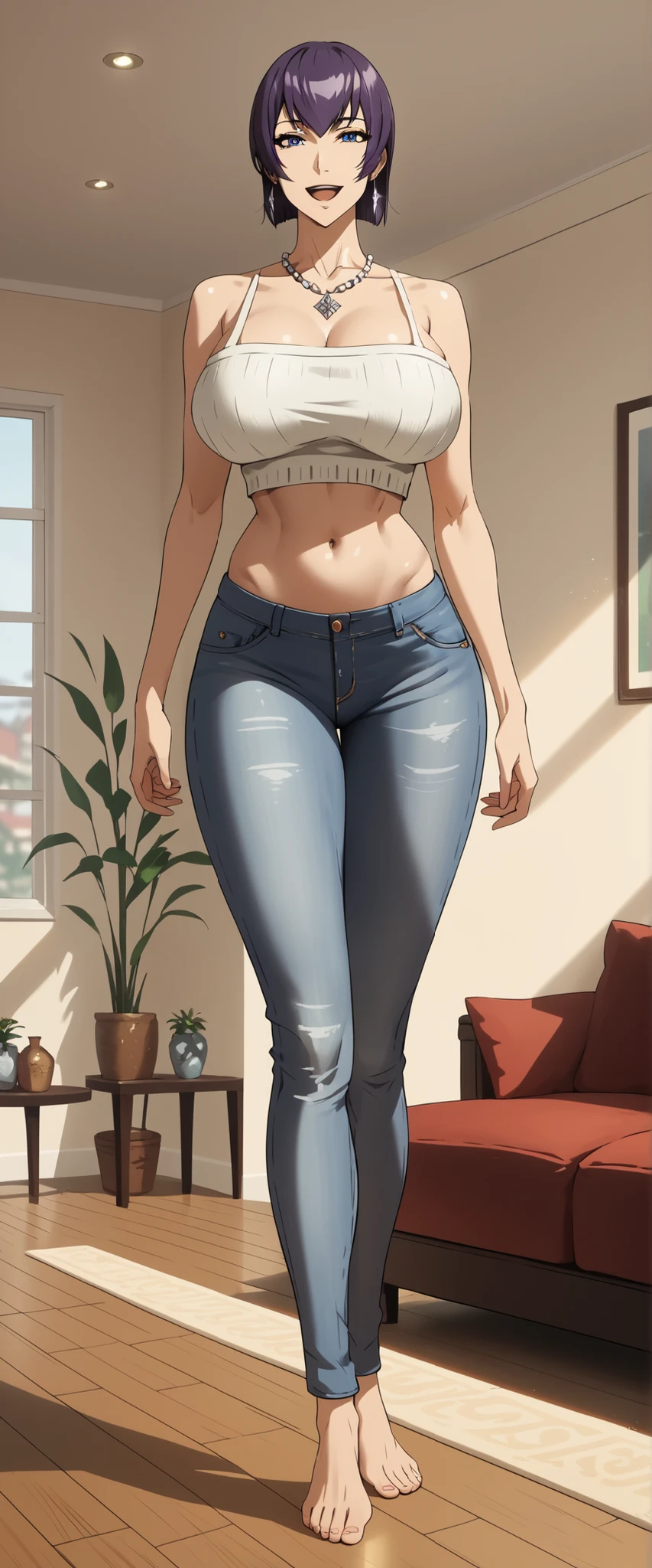 Saeko Busujima, 
最high quality, masterpiece, Very detailed, high quality, high resolution, A girl, Mature woman, Purple Hair, blue eyes, earrings, beautiful, beautiful and perfect face, Smile, open mouth, View your audience, diamond necklace, sleeveless sweater, jean, collarbone, bare shoulders, Giant Breasts, belly button, Big Ass, Curved body, Throw, close up, From the front, whole body, foot, Standing, Lean forward, at home, at living room, 