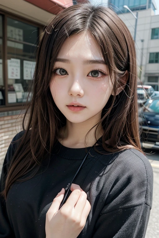 Beautiful girl calling on a public phone. Black hair. Eleven years old. She has a tense expression on her face.