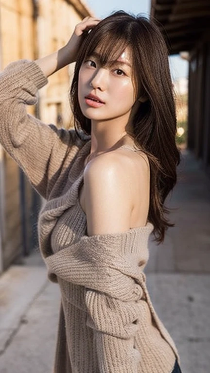 A perfect young female,High picture quality,Works of masters,Black hair,Long hair shawl,Long hair flowing over the shoulders,Blurred background,outside, Real Human,CG rendering,16k, Depth of field, movie light, lens flare, Ray tracing ,Stand up,Empty interior,Do not show your hands,Close-up shot