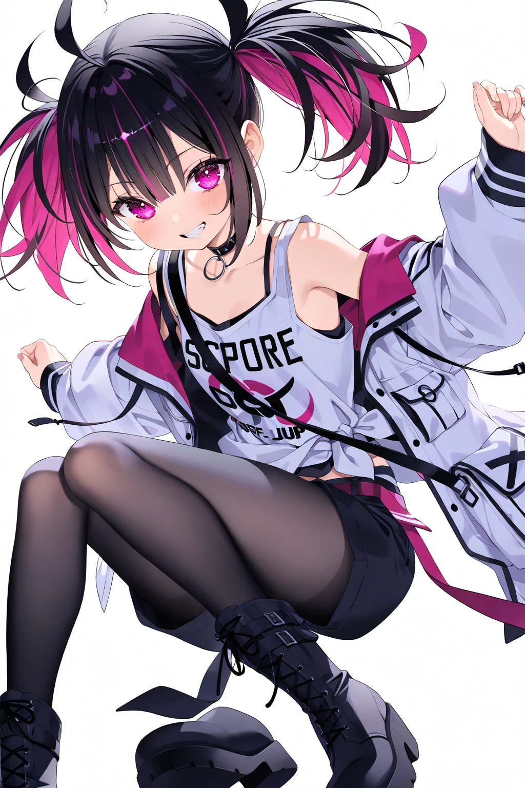 (*****, top-quality, 8K, masterpiece, Top image quality, Hi-Res, super detailing, Ultra HD, best quality, detailed background, (hyper detailed, intricate detail, Detailed hair ++, detailed eyes ++, raytracing, perfect shadow, enhanced eyes), (Delicate and smooth skin, real looking skin, Perfect and beautiful face ,Perfect and cute face, high detail skin, Perfect limbs)),, girl , low angle, pov from below, panty shot, black choker , black hair , black jacket , black pantyhose , blush , cat ears , collarbone , colored inner hair , full body , green sailor collar , grinning , hood down , hooded jacket , large breasts , holding lollipop , long sleeves , looking at viewer , multicolored hair , open jacket , panties , pantyhose , pink hair , pink halo , pleated skirt , red eyes , short hair , simple background , smile , solo , squatting , underwear , white background , white footwear , white skirt