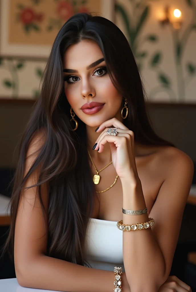 Christen Harper with a beautiful mature face, hair tied, big tattooed eyebrows, with extra large breasts. looking directly at the viewer, brunette, Realistically depicted, wearing a white t-shirt that complements her hair color, showing her shoulders and neck, voluptuous, with an accentuated tan and elegant jewelry, Lipstick staining her lips, defined nose, and expressing confidence and attractiveness in a sunny Andean city