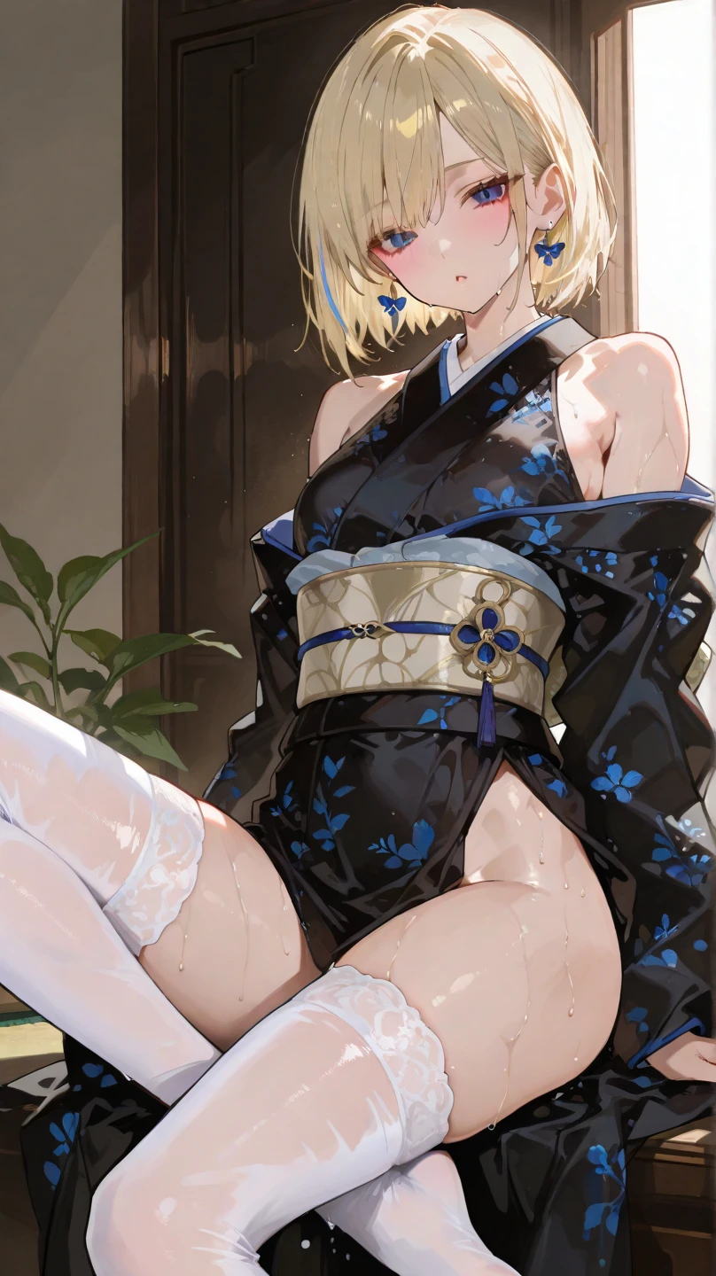 blond hairbl,Tsundere,dual horsetail,style of anime,seminude,sexyposture,opening legs
