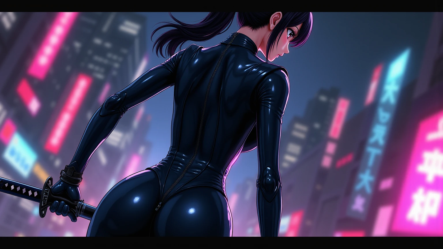 violet parr,latex suit,long black hair,vivid purple eyes,smoky makeup,big round butt,Perfectly sculpted ABS,(Best Quality,4k,8k,High resolution,masterpiece:1.2),ultra detailed,(realist,photorealist,photo-realist:1.37),portrait,dark and moody lighting,Vivid color gradation, Cara sexy, blush, accepted, NSFW, , ass towards the camera