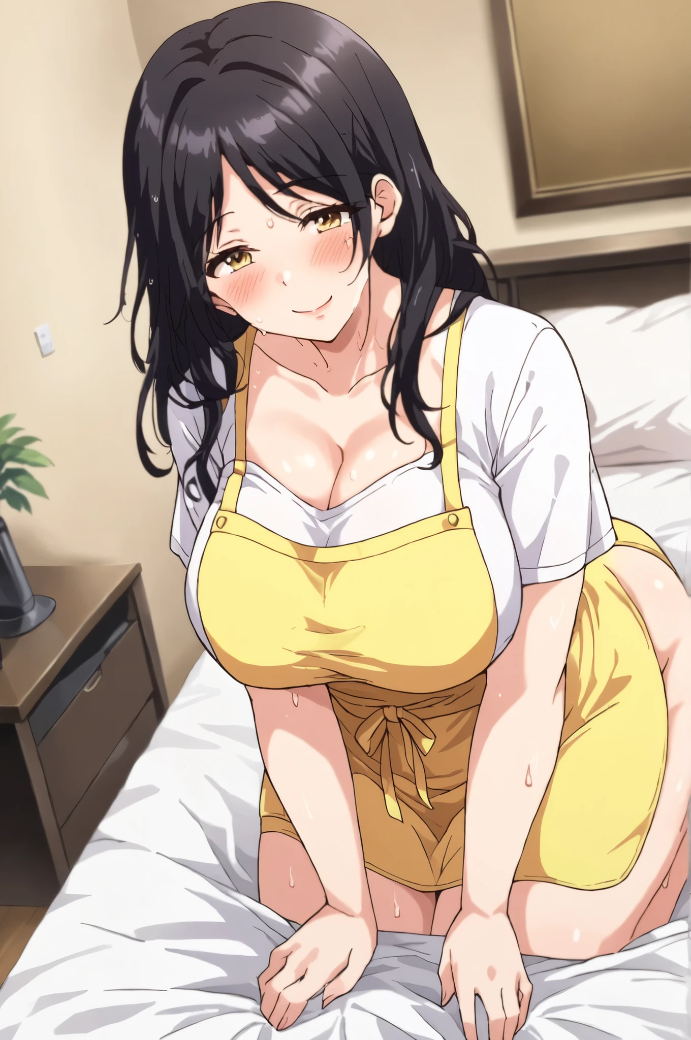 masterpiece, 4k, detailed, clarity, mature woman, Sera's Mother, anime_source, source_anime, Best background, detailed background, anime, Sera's mother, tight black skirt, blush, clothed woman, mature female, collector, dark hair, Alone , yellow apron, white blouse, neckline abierto, neckline, smile, bare arms, big breasts, caderas anchas, big legs, big butt, trasero regordete, Milf, hentai, ecchi, breasts, sexy, dynamic angle, shy expression, shiny skin, sweat, is in bed, visible panties,