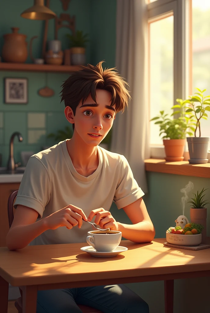 CREATE AN IMAGE OF A YOUNG MAN EATING CAREFULLY IN THE EARLY MORNING SO AS NOT TO WAKE UP HIS FAMILY