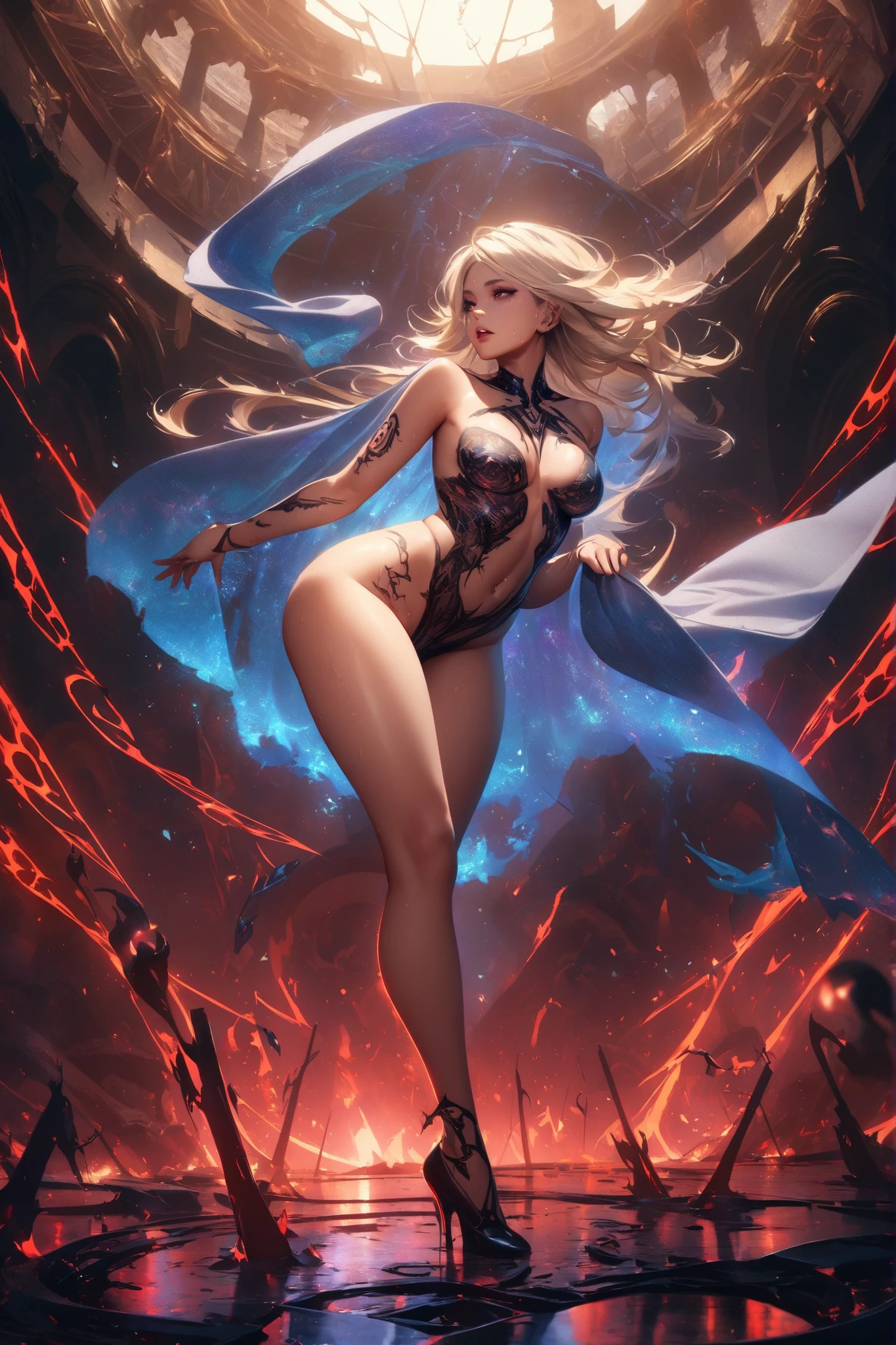 a woman with long beautiful legs, big breasts, detailed face, sensual expression, elegant pose, realistic lighting, high quality, detailed painting, cinematic colors, dramatic lighting, hyper realistic