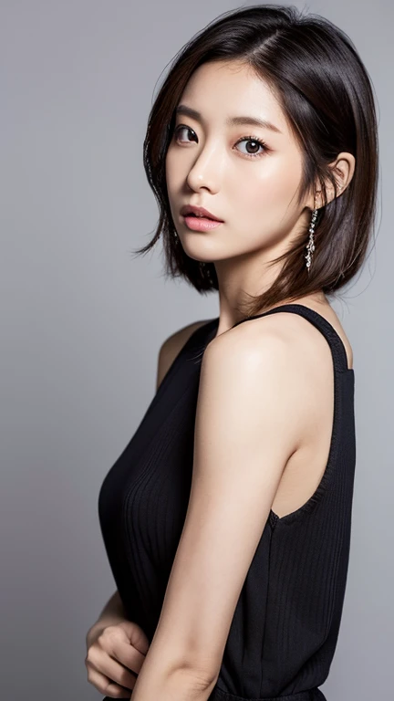 Beautiful Japanese Women, 1 person, Very cute and slim, Excellent style, 8K images, super high quality, Very delicate face, Ultra-detailed skin textures, Red lipstick, short hair, straggling hair, Gradient Hair, Ultra-detailed eyes and nose, Sharp Eyes, Simple Background, Looking at the audience, Upper Body Shot, Cleavage, V-neck light knit