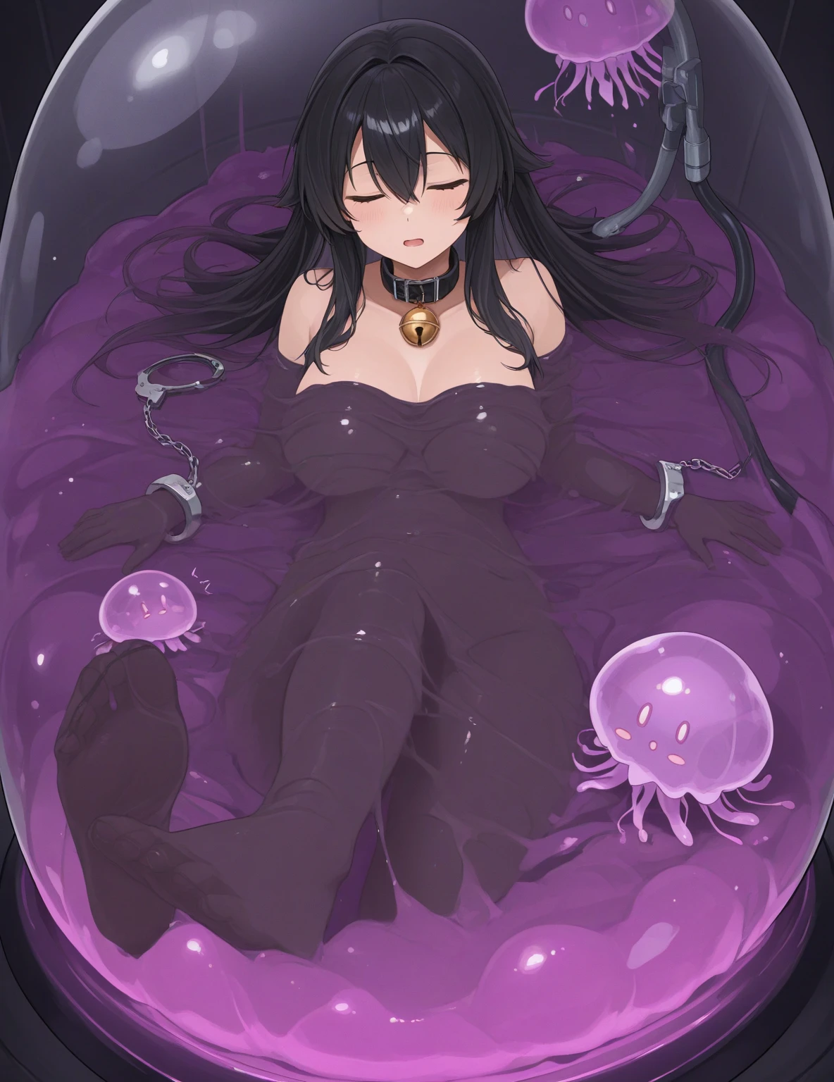 ((NSFW100))、(((full body seen)))、(((Big))), (((Girl lying on a futon of slimy tentacles)))、(((short dark hair))), (Eye color is light blue)、((She wears an adorable purple nightgown made with bright purple slimy tentacles))、(Mucus and slimy skin)、((yawning sleepily))、(The legs are made of slimy tentacles)、(The arms are made of slimy tentacles)、(Hanging from a tree with a tentacle tail)、gazing into distance、Use thick slimy tentacles as pillows、A tentacle that sucks up the liquid that erupts from the crotch