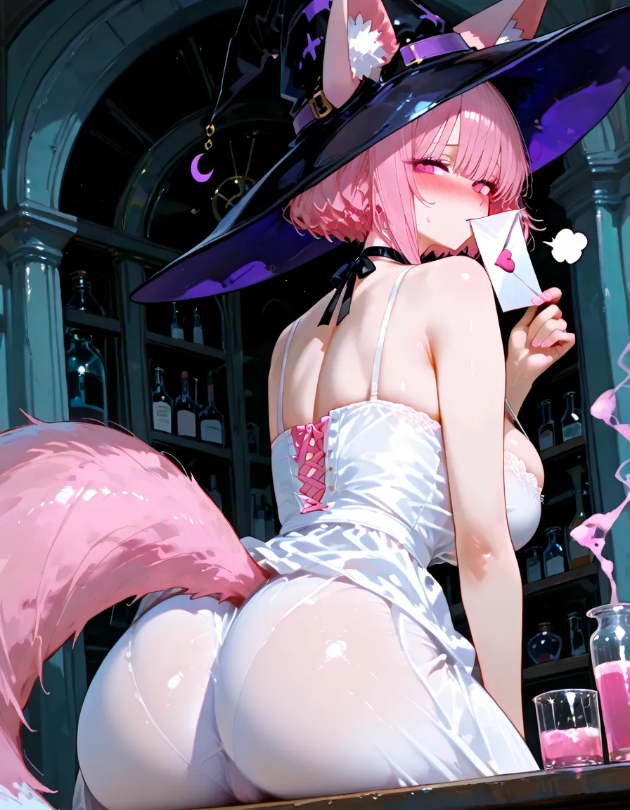 (Cute a girl:1.5), (a girl with closs hair pin, pale purple hair, wavy two braids, blunt bangs hair, green and black eyes, closs hair pin,pink lips,
:1.4), soft cleans,anime visual, (tilt head:1.3), realistic lighting and shading, (an extremely delicate and beautiful art:1.3),muted colors,Steampunk, black playboy bunny Black leather leotard, black fishnet stockings, small ass,, black rabbit ears, carrying a tray with a cocktail in one hand, from behind, looking back at viewer,