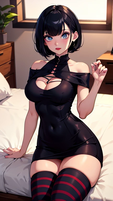 on the table, ultra high resolution, Super detailed, beautiful ,Off the shoulder undress,European girl, A black-haired one, Short Bob Cut, amazing blue eyes, white skinned, red lips, red blush, A gentle look, witch, amazing face, The Amazing Mavis Dracula, mix, black skirt, Striped socks , beautiful, Perfect body, striped thighs, Bulma, (at your feet:1.2)