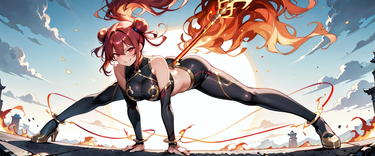 ((nezha))、((fate))、((ero))、((Masterpiece))、((Muchimuchi))、((high-level image quality))、small tits、((Big ass))、Black tights、big tail、Dark orange hair、thigh high boots、Exposed chest、((thick thight))、embarrassed look、red clothing、