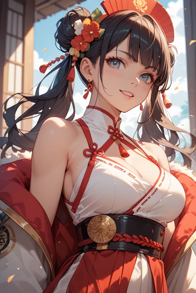 Anime illustration、highest quality、Reimu Hakurei、Karasutengu、Perfect proportions、Large-scale shrine、Large Torii Gate、overwhelmingly big breasts、very thick thighs、Beautiful, shining eyes、Cowboy Shot、smile、Noise Reduction
