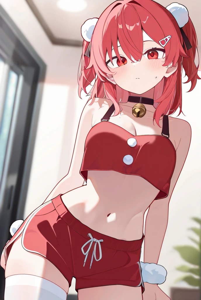 1 girl, alone, Face the observer, view viewer, Upper body, Smile, Nerru Mikamo（Sanyun Niru Hotel）（Hotels in Sanyunniru）（Hotels in Sanyunniru）, halo, short hair, Single braid, Printed jacket,(((bikini))), (((白色bikini))), split collar, red bow tie, High heel.((sit on the chair，spread legs)), bends his knees，spread legs,