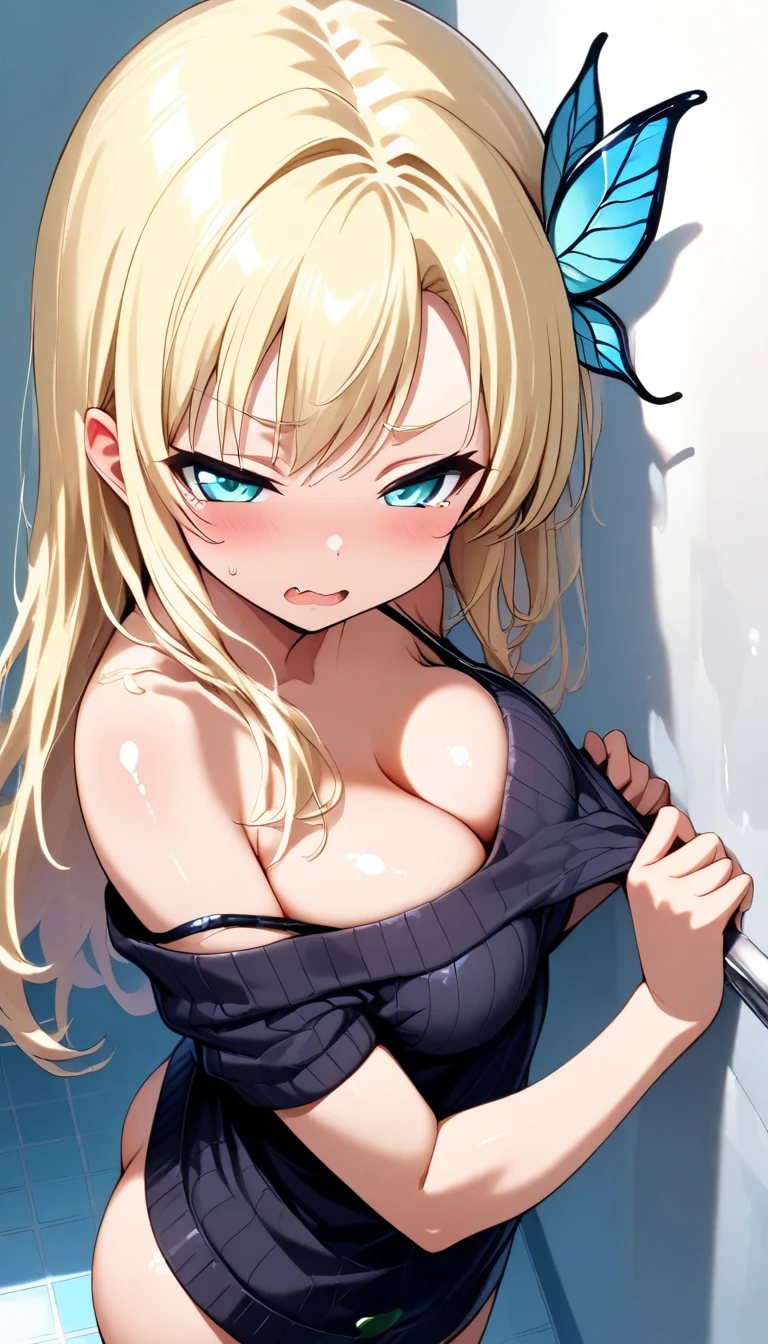 (masterpiece, highres, high resolution:1.2), anime 20 yo girl, portrait, shoulders up, illustration. drawn, blonde hair woman, blue eyes, blushing, solo, sad, sad face, freckles, big lips, huge breasts, perfect body, wearing a turtleneck sweater, anime girl, visible , visible nipples, shirt lift