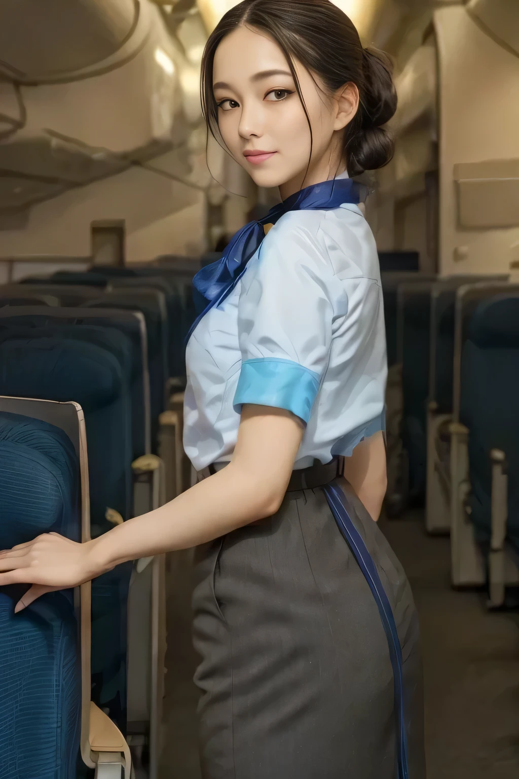 （ANA cabincrew uniform）、（Short sleeve light blue blouse）、（Scarf around the neck）、（Long hair updo、Chignon）、２５Old Japanese woman、smile