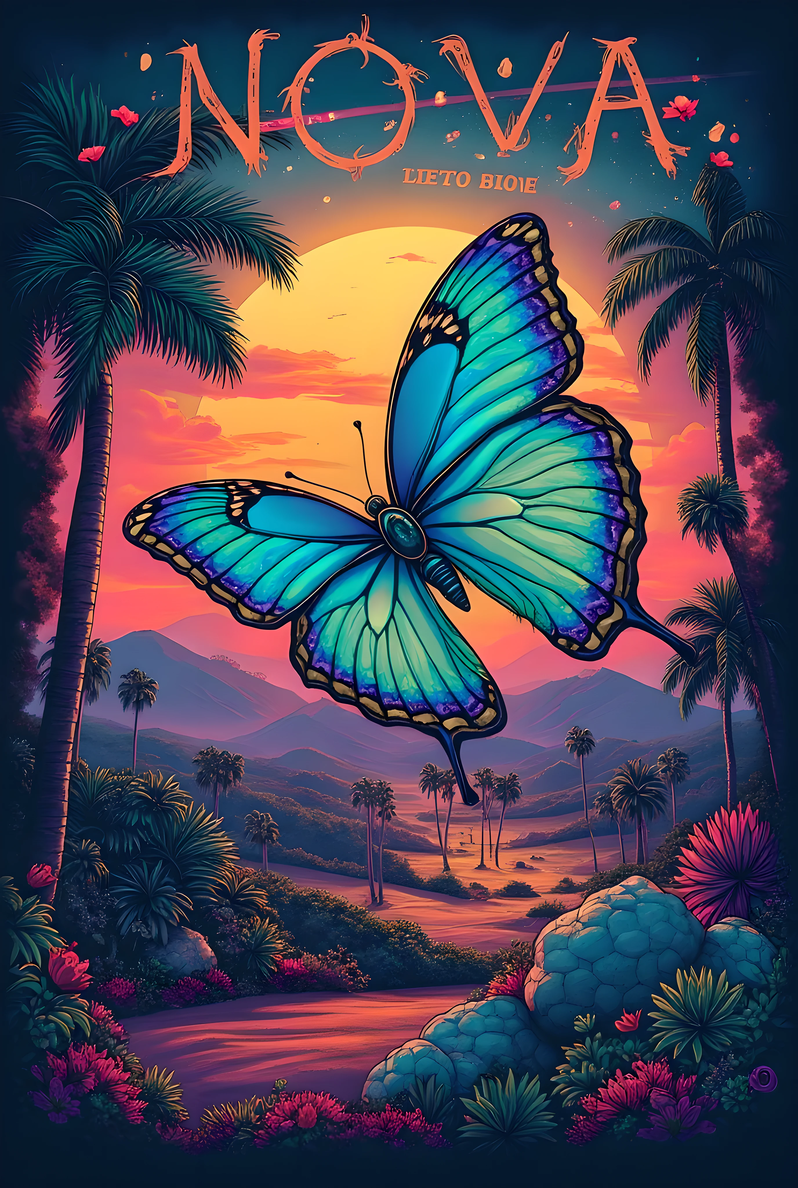 design a print for a t-shirt on the back to combine the elements of a Coachella-type music festival, a Morpho butterfly and a sunset with vegetation and with the name NOVA included