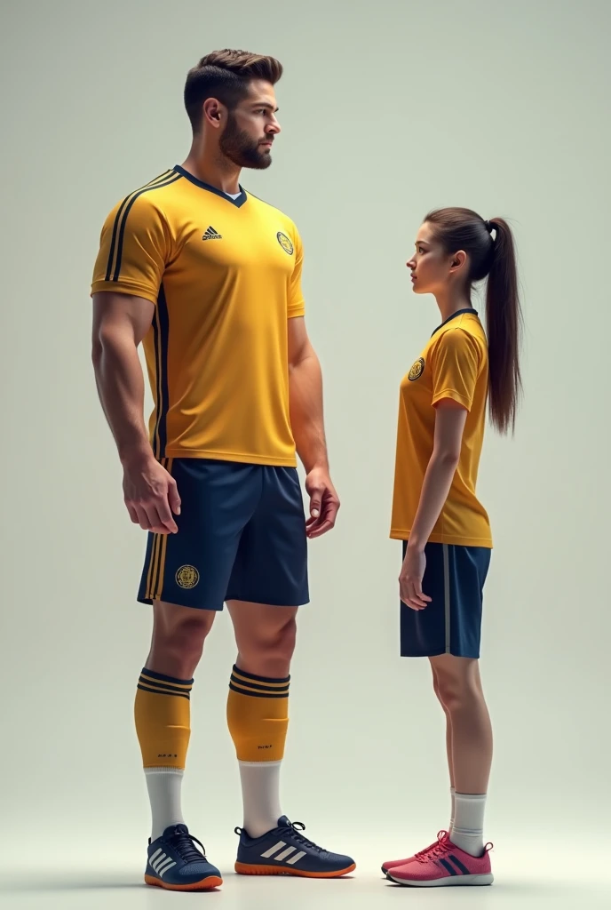 Girls and boys soccer sports uniform on both sides in light beige that combines with gold and red with a print and that on the back of the shirt has a name and a number that the light beige color stands out