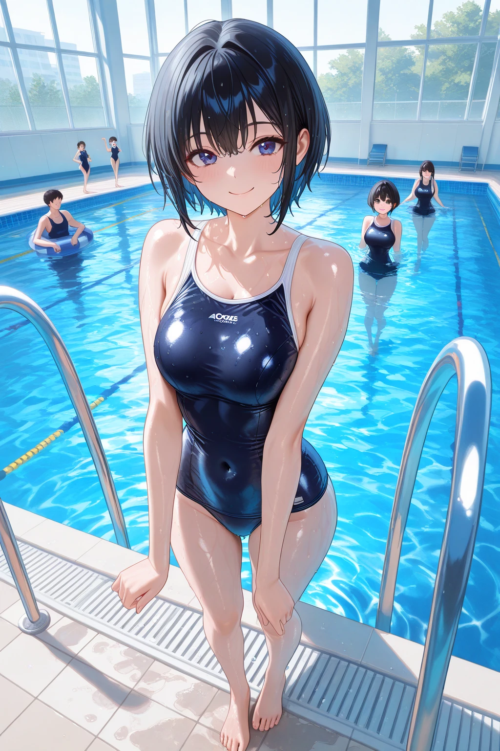 ((masterpiece, highest quality:1.2)),cowboy shot,1woman,20 year old beauty,Japanese,solo,((very small head)),short bob hair,black hair,black eyes,shy,((very long and slender body)),skinny,toned body,medium breasts,oily skin,shiny skin,wet,Navy blue student swimsuit、Pool、Academy、Outdoor、