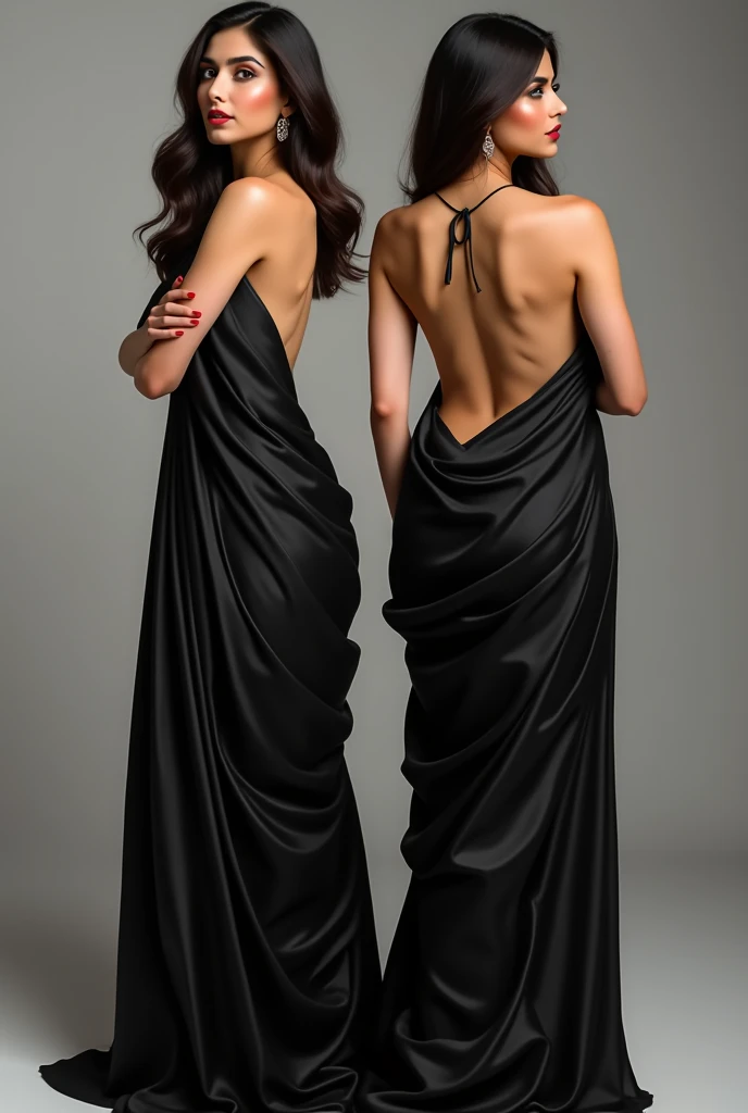 woman in a black robe and a woman in a black dress, a hyperrealistic painting inspired by Ayami Kojima, reddit, realism, front and back, front and side views, ayami kojima and lyde caldwell, styled like ghost in the shell, cinematic goddess body shot, very symmetrical body, thicc, symmetric!!, revealing outfit