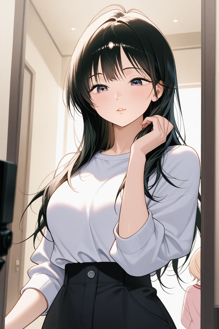 A dark-haired hi-school girl Black short hair Aligned bangs Small (white shirt with wide open front:1.5) Black bra Classroom (astonished face:1.5)