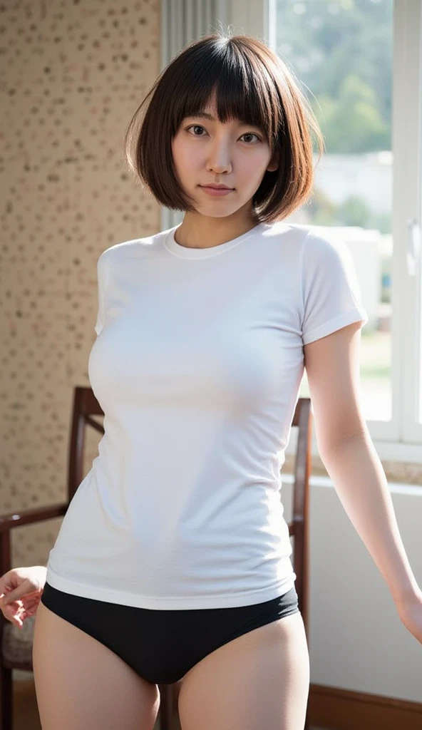 japanese modest female,light brown hair,dirty white t-shirt,,large tareme,curvy short hair,portrait