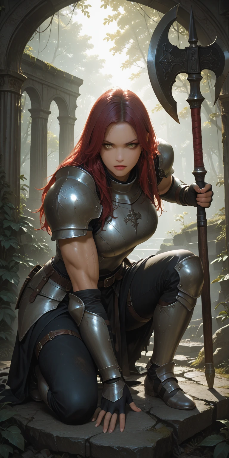Redhead warrior, detailed, 1 girl, beautiful, 8k, artwork, ultra realistic, medieval fantasy, armor, steel breastplate, steel gauntlets, steel boots, red skirt, miniskirt, ((crouch)), open legs, panties, panties appearing, white panties, upskirt, cameltoe, nsfw, pantyshot