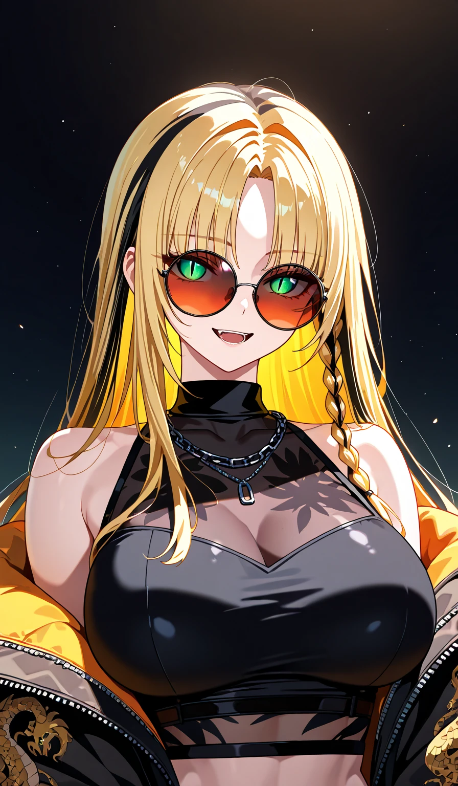 Vista, Panorama, Perspective, Depth of Field, Bust, Upper Body, Cinematic Angle, Masterpiece, Best Quality, Ultra Detailed, CG, 8K Wallpaper, Beautiful Face, evil Eyes, round glasses, Solo, golden Hair, Green Eyes, Fair Skin, it-girl, cunning Smile, metro, daylight, sunny, sports clothes