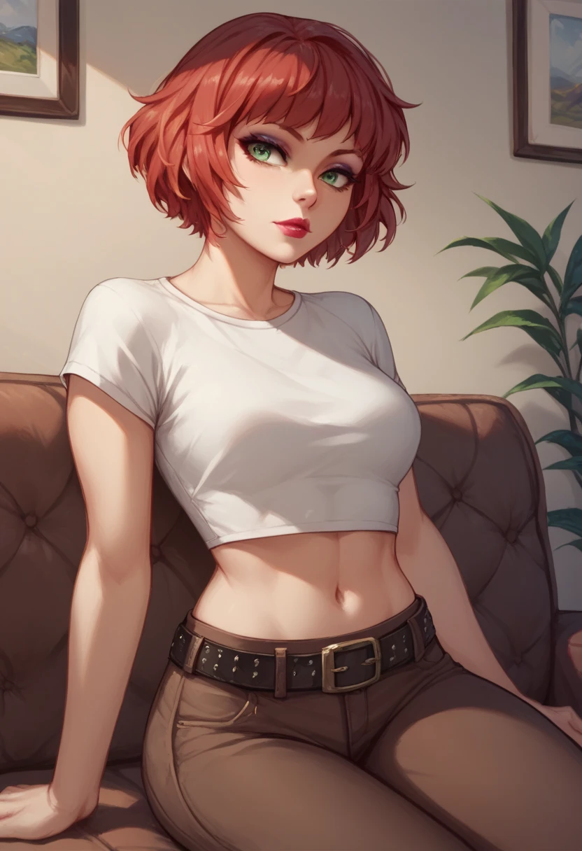 beautiful woman, ((caucasian skin)), red hair, short hair, bored, ((couch)), sitting, red lipstick, jeans shorts, tank top, green eyes, walking, half body, slender body, seductive, confident, gold neck chain, holding gun