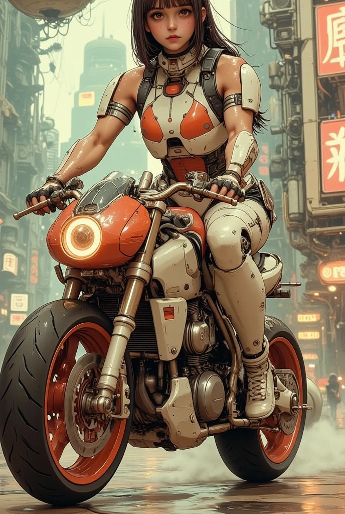 (highly detailed:1.5), (8k), futuristic mecha girl on the cover of a neon-lit science fiction magazine, style (cyberpunk:1.3), wearing an elegant battle suit with bright details, posing sensually, (bold typography:1.2), dynamic composition, vibrant colors, (Akira style:1.1), (inspired by Hajime Sorayama:1.2), full body, details in red, yellow, blue, white, combat position, detailed bikini, futuristic detailed kaneda bike,