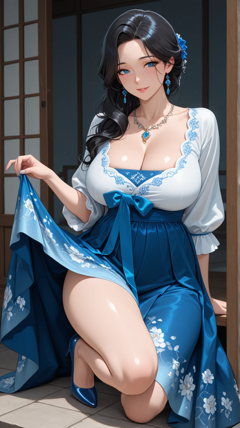 1girl, solo, (huge breasts), ((cleavage)),
(blush:0.8), ((shy face)), happy, smile, cum, laughing,
(Depict from HIP to head) ,
Black Hair, Straight Hair, medium Long Hair, bangs, Hair between the eyes, Reduce hair volume,
Sparkling blue eyes, eyelashes, looking at viewer,
Close-fitting clothing, Wearing China dress, Side slits, (knee length China dress), Floral prints, (white g-string panty), Separate panties and clothes, ((let the hem of the dress to the side)), The front and back of the skirt are the same length,
A skirt that doesn't cling to the body, The front and back of the skirt are connected on one side. A woman has two legs.., Two arms, Five fingers, Two joints in the fingers, barefoot, Perfect leg length
Spread her legs very wide, (touch her hip)
(Bare her chest), (Bow-legged), (Mucus on thighs)