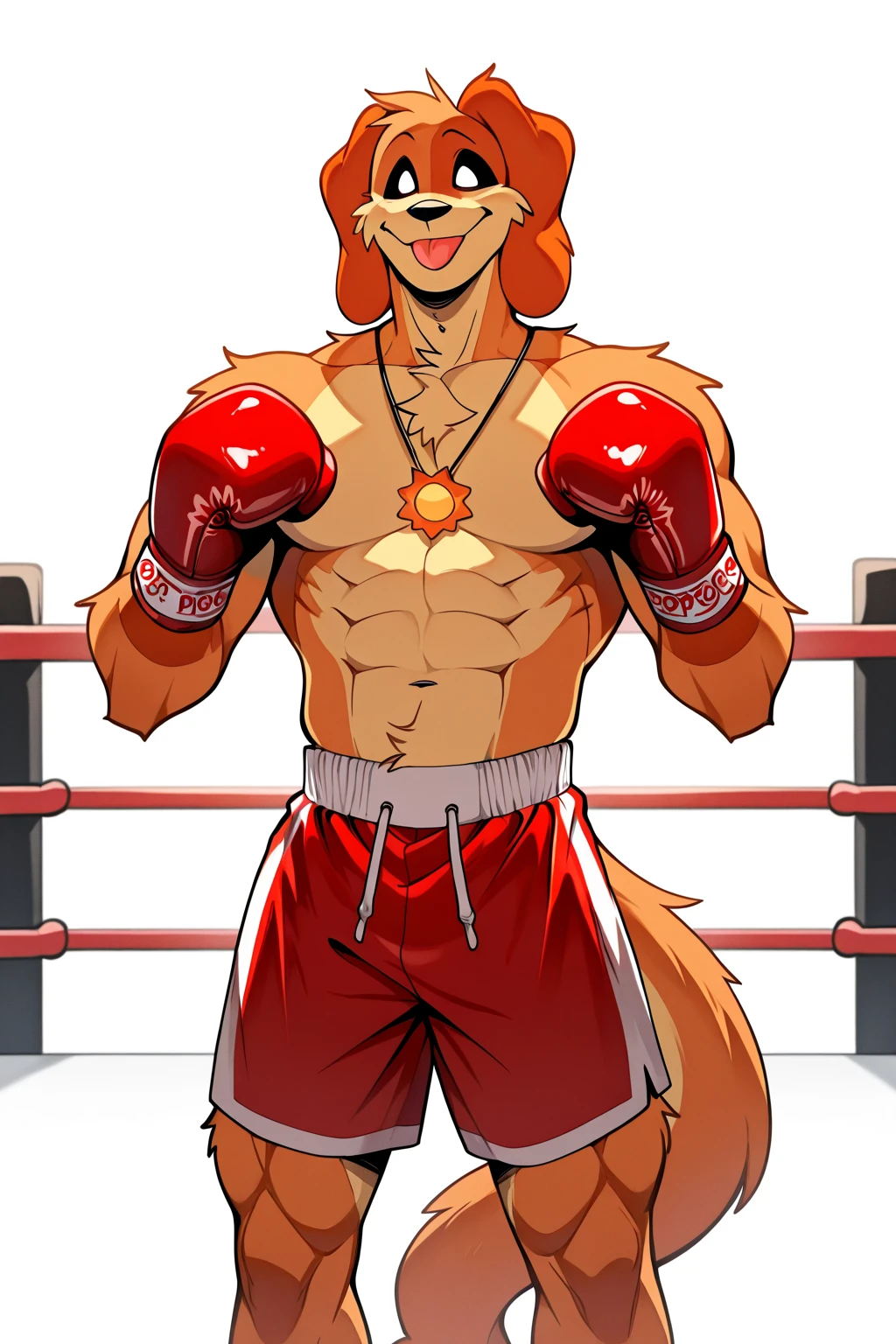front view, must see abs , open vestedsplash art league of legends style male sett heartsteel, muscular man leather vest with cur collar, red short hair with beanie and cat ears, street wear figerless leather gloves, main colors are black and yellow, alot of straps, open arms in a boxing ring, looking up like just won a fight smiling, high angle