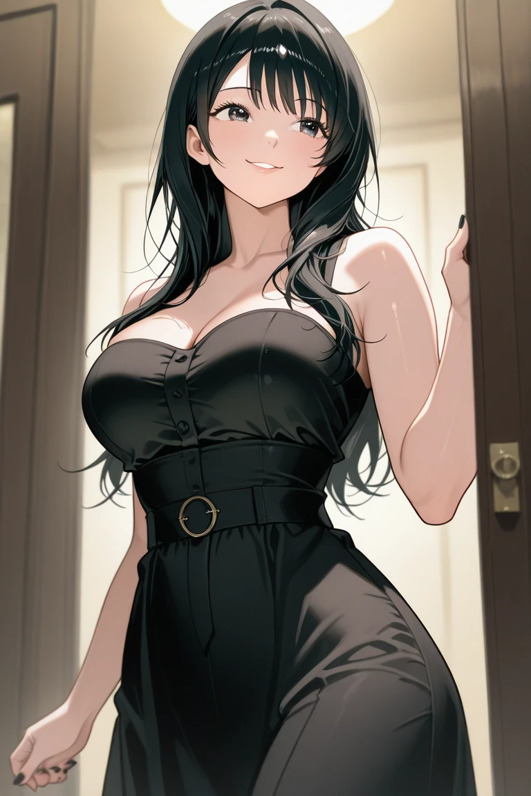 (masterpiece: 1.6, 最high quality), (fine and beautiful eyes: 1.2), (overhead), high quality, beautiful face, 1 girl, break、柔らかい生地のthin灰色のタイトワンピース、thin、off shoulder、long sleeve, Long breasts、Saggy big, long hair, wide hips, break、background, Detail background, creepy smile, smile at the corner of the mouth, office lady,long big cleavage、Hotel、emphasize cleavage、bedroom、random pose、(((slender、thin waist、thin neck、thin arms、thin legs、small face、thin body)))、Tsukatsuki Rio - Blue Archive、Mature adult woman