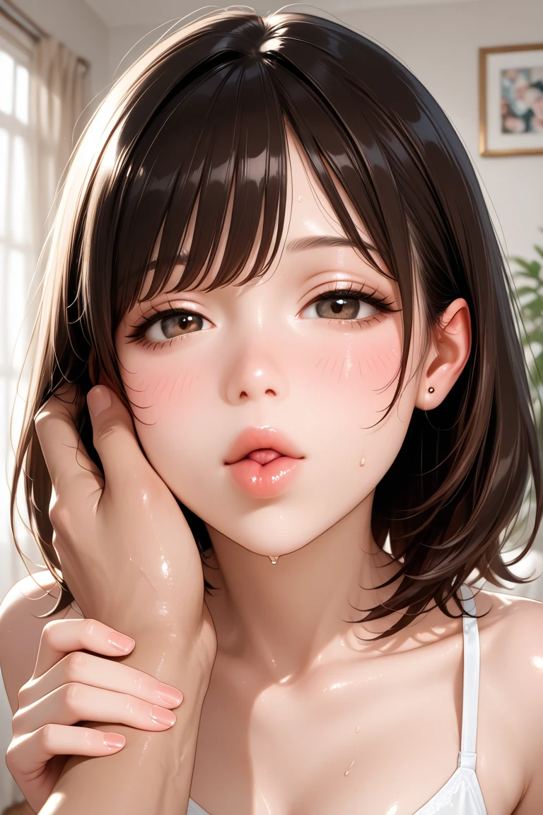 Masterpiece、highest quality、Super detailed、Draw a large face Blunt Bangs Beautiful eyes、Detailed depiction of the eyes Ahegao、blush、Sticking out tongue、Drooling、Dripping saliva In the mouth、Deep in the throat Face is close、Facial Close-up、Bring your face closer