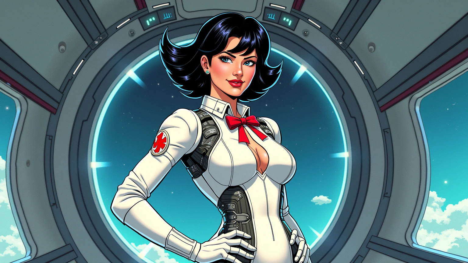 one girl, bust close up, soviet union, black hair, bob cut, black eyes, red background, proud stance, space thriller movie poster, abstracted, constructivism, red star, communism, space, serious face, makeup, red lipstick, (big breasts, exposed breasts, cleavage:1.5), crop top
