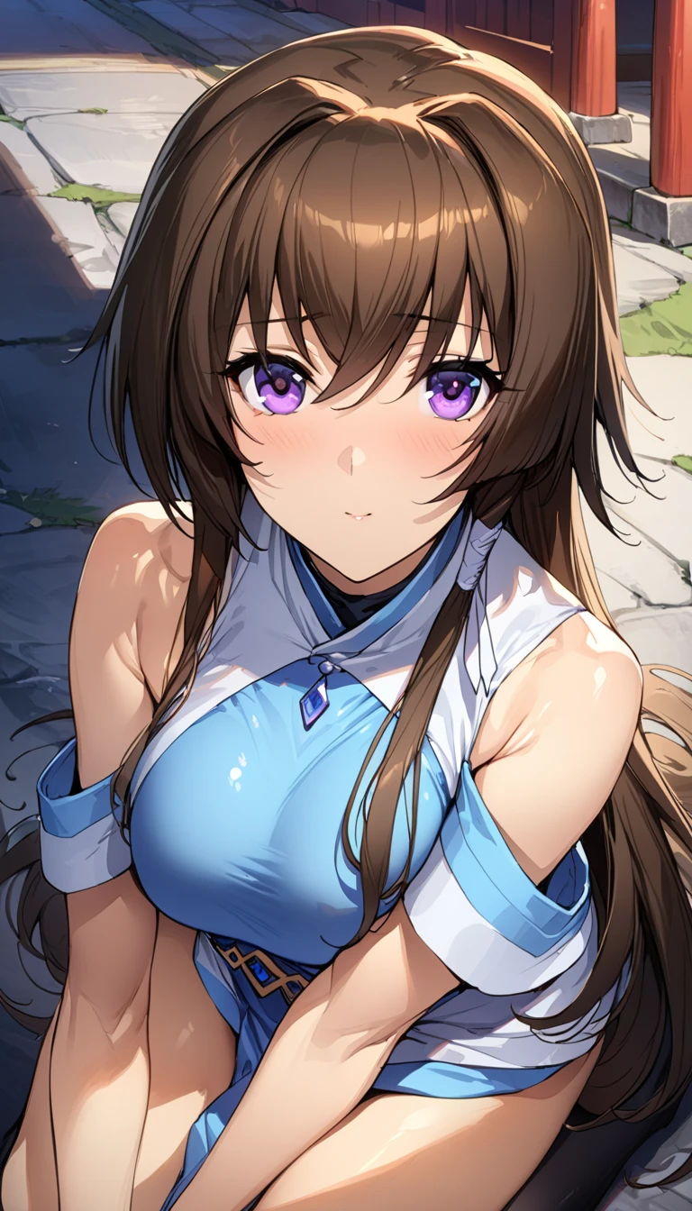 (masterpiece),(Highest quality),(Very detailed),(Best illustrations),(Best Shadow),(Absurd),(Detailed Background),(Very beautiful eyes), One Girl, alone, takamura yui, Brown Hair, Purple eyes, Long Hair, 、((Shrine maiden costume))、Cleavage、Nipples、Kneel、photograph