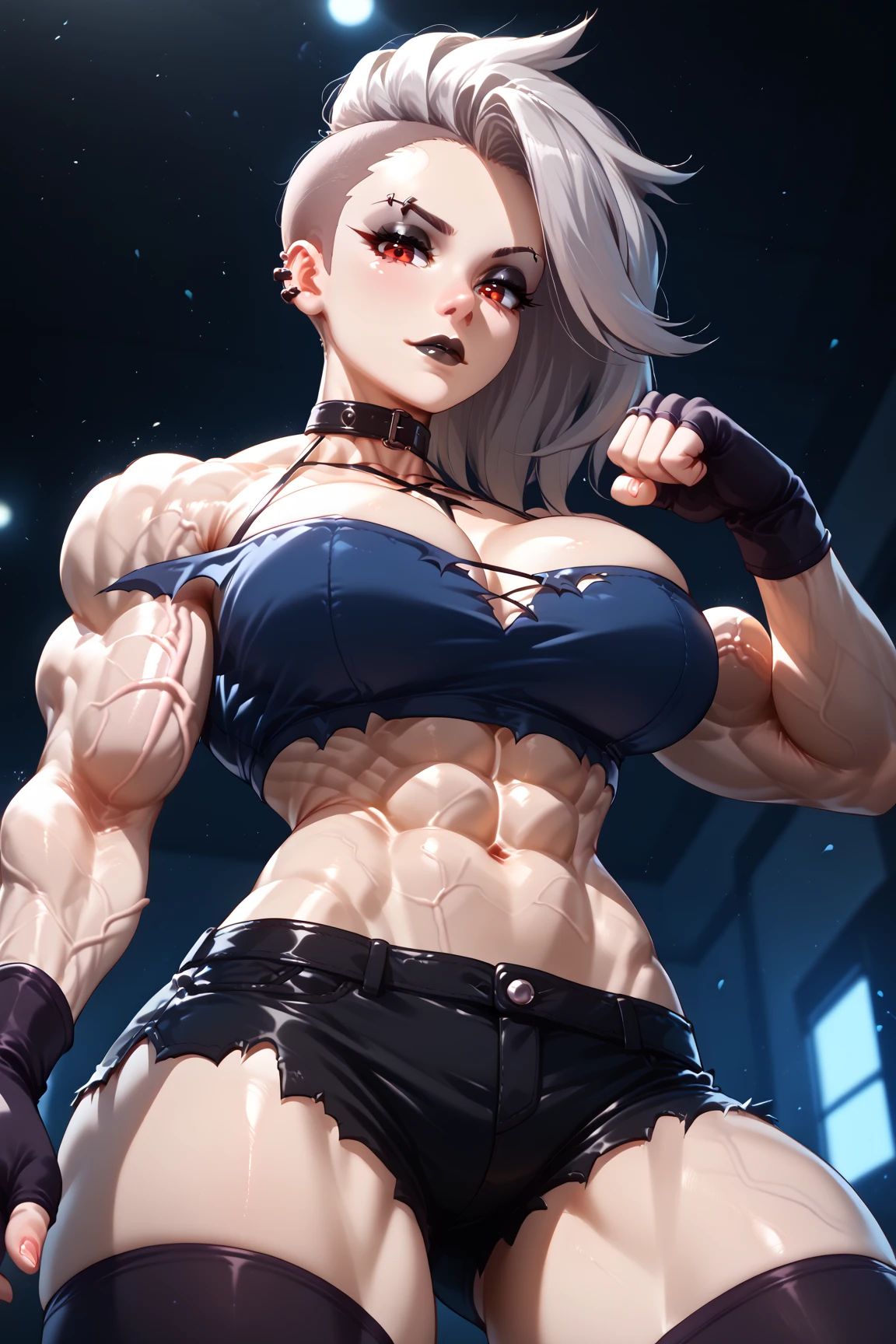 A woman with silver bob hair and blue eyes, wearing sexy panties, gazing condescendingly at the viewer with a cute grinning expression, extremely detailed and realistic, masterpiece quality, ultra-detailed, HDR, studio lighting, vivid colors, physically-based rendering, thick muscular thighs, beautiful muscular thighs, very strong wrestler, attractive buttocks, a backward glance