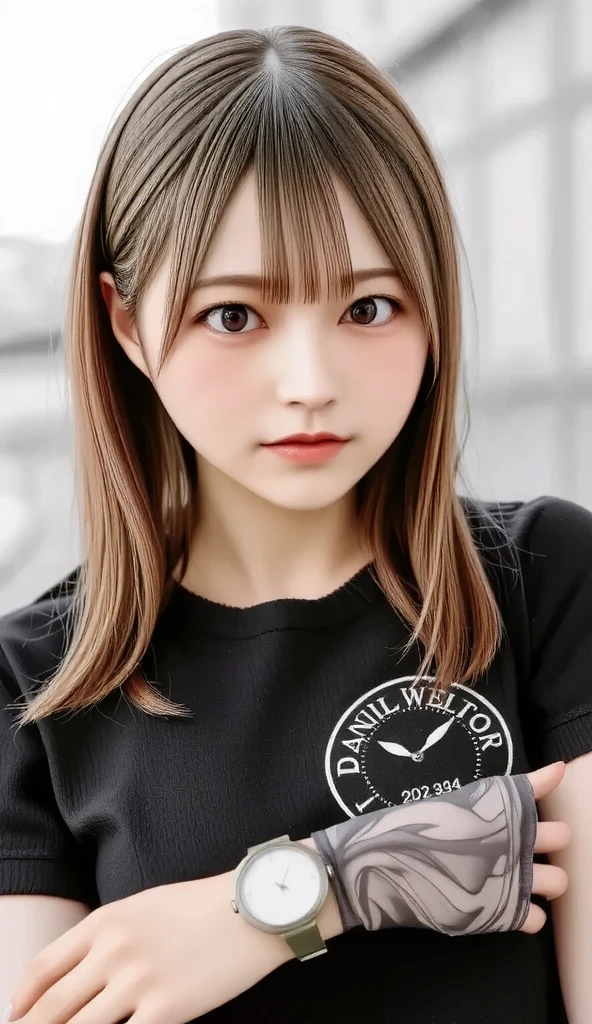 (((Cowboy Shot、female solo shot、oil、Pure white wall background、masterpiece、Highest quality、High resolution)))、Redhead、Side ponytail hair、(((wearing a red t-shirt)))、(((T-shirt with printed text)))、Fashionable hairstyles、Red cheeks、((No shadow、Frame In))、Cute Face、((Small breasts))、Laughing、Smiling face、Teeth are visible、((Touching their chin))、(((Oversized T-shirt)))、(((T-shirt with writing)))