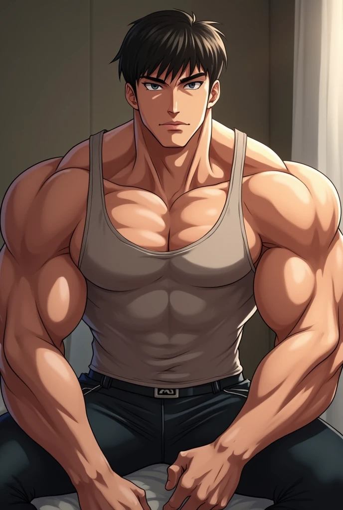 Kiritsugu is sitting and flexing his arms. He is shirtless. He wears black short boxershorts. You can see his thighs completely. He has a huge bulge. You can see his abs too. He is admiring his arms. he has many big veins on his arms.