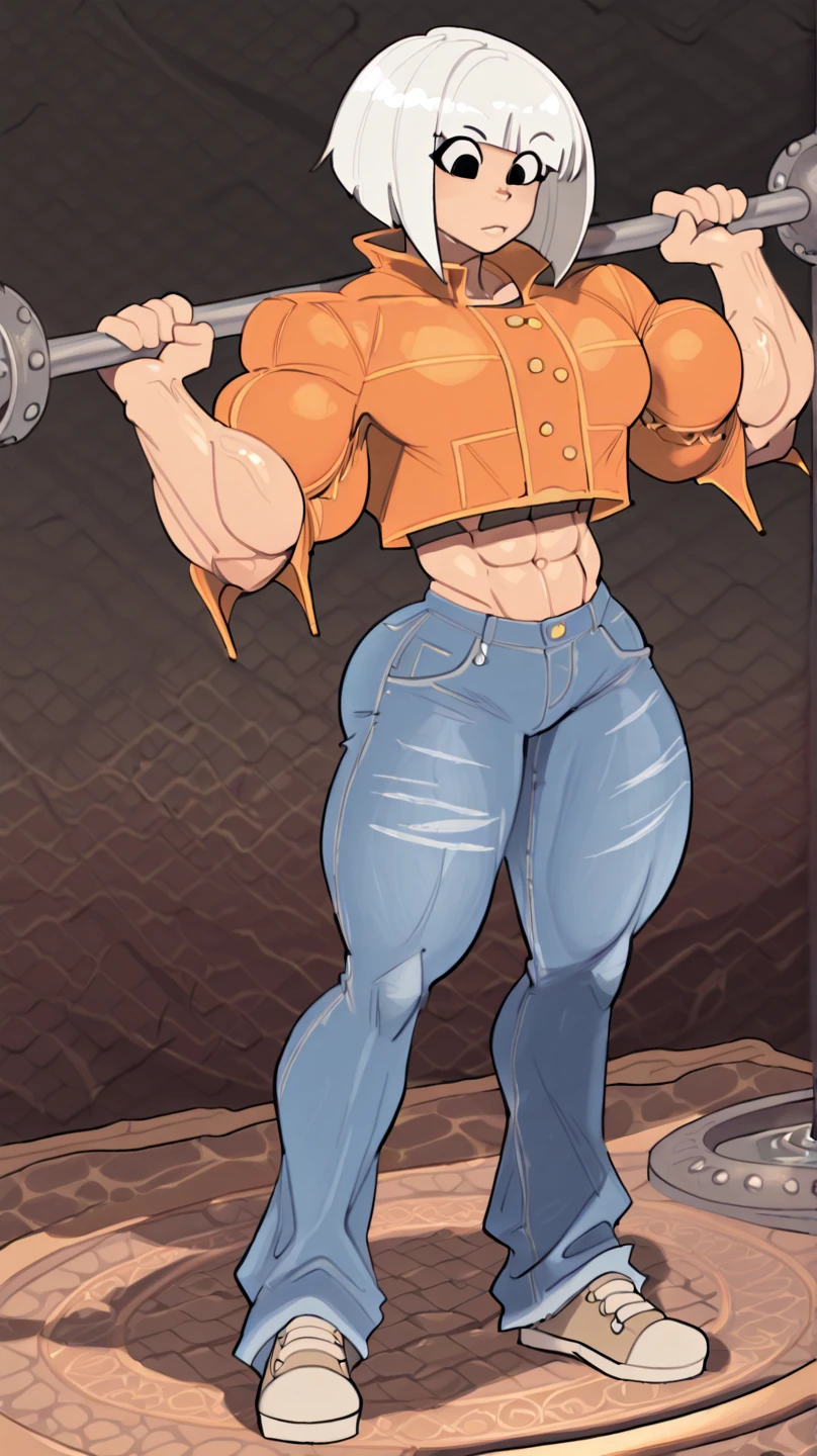 Muscular Woman, defined body,Black tank top, Green long army pants, Brown military boots, Wicked Smile, Orange spiky hair, short hair, Yellow Eyes, nsfw,
