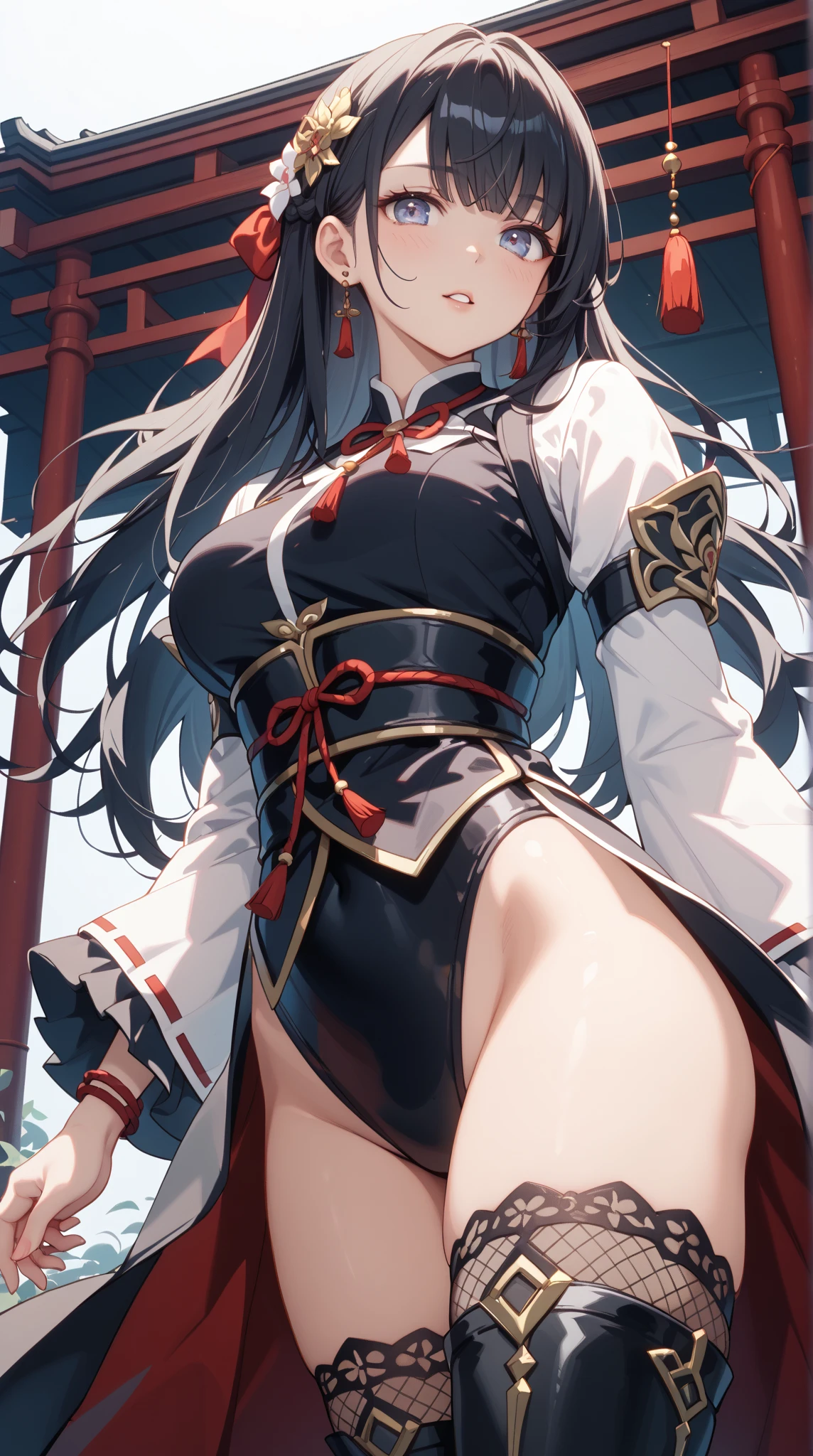 (masterpiece, best quality:1.2), looking at viewer, large breasts, sweaty, sweat on skin, long hair, high ponytail, bushi hair, curly hair, black hair, two piece outfit, small clothes, squished breasts, loose belt with flowing fabric, angry expression, red clothing style, deep red eyes, tan brown skin