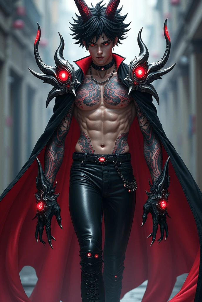 Demon Slayer Swordsman, (sanemi shinazugawa), un hombre musculoso de aspecto imponente, pale skin, albino, white hair spiky and wild and disheveled looking with one strand of hair in the center and another on one side of the face, cicatrices horizontales en la cara, ojos grandes de color morado claro, manic expression, sonriendo con los ojos muy abiertos, lleva puesto el uniforme de asesino de demonios sin abotonar, showing his muscular torso and the numerous scars he has on his body, abdominales marcados, lleva puesta una chaqueta haori blanco, (demon slayer), (kimetsu no Yaiba), cicatrices grandes en la cara, mirada asesina aterradora, aspecto desafiante, actitud violenta, manic wide smile showing teeth
