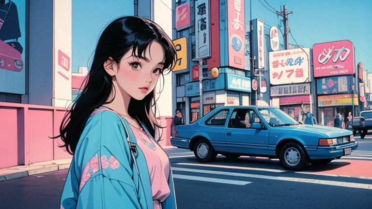 woman leaning on a car in a parking garage, wide angle , perspective, advertisment, super ultra quality, no artifacts, jackie tsai style, set in tokyo bank parking lot, 90's color photo, 90s japan, profile pic, tsubasa nakai's style, 90’s photography, 90's photo, in a modified nissan skyline r34, y2k style