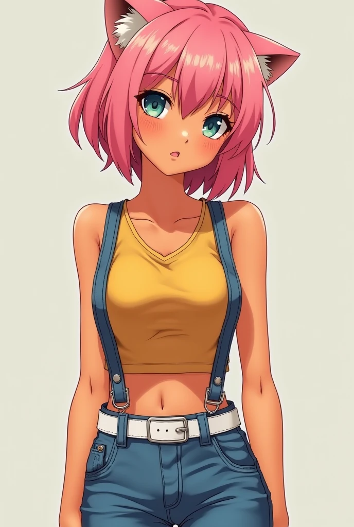amazing quality, newest, absurdres, realistic lighting,
Cowboy shot, Dynamic angle,1girl, solo, Pink Hair, hime cut,
pink bikini, overalls, cleavage,
Dynamic pose,
pink background,
anime style, detailed face,
