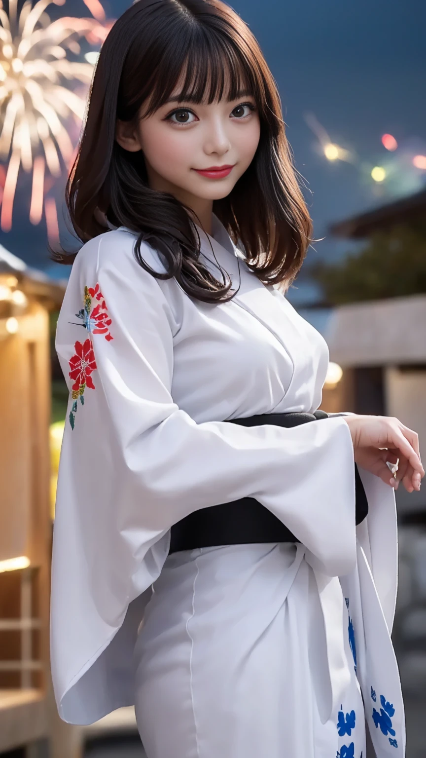 (((japanese traditional night festival, japanese-yukata, in the dark))), ((smiling, slut)), small breasts, (japanese traditional light-colored-yukata), ((a photo of a woman spreads legs to show off ((her pubic with spotting strong blur)))), close up her lower body, longhair up, ((fire works)),