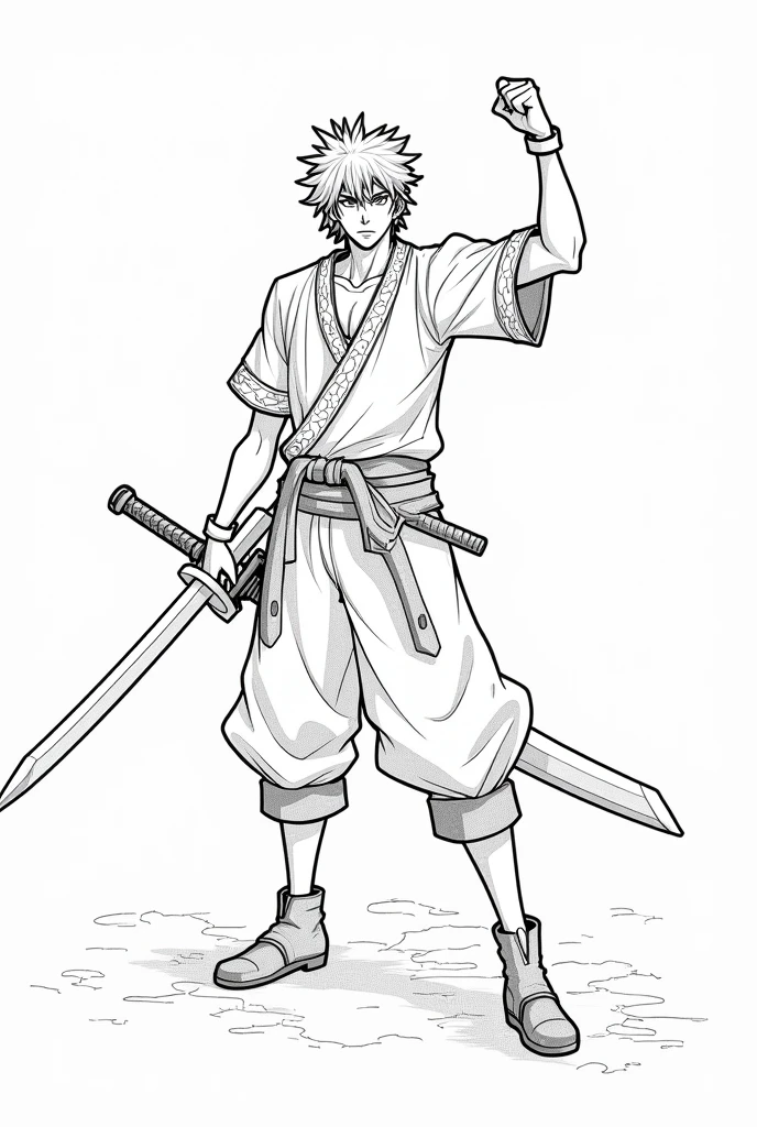 masterpiece, best quality, 1boy, solo, Tanjiro Kamado,kimono, wielding sword,angry face,fighting,simple background, white background, monochrome, lineart, ((sketch))