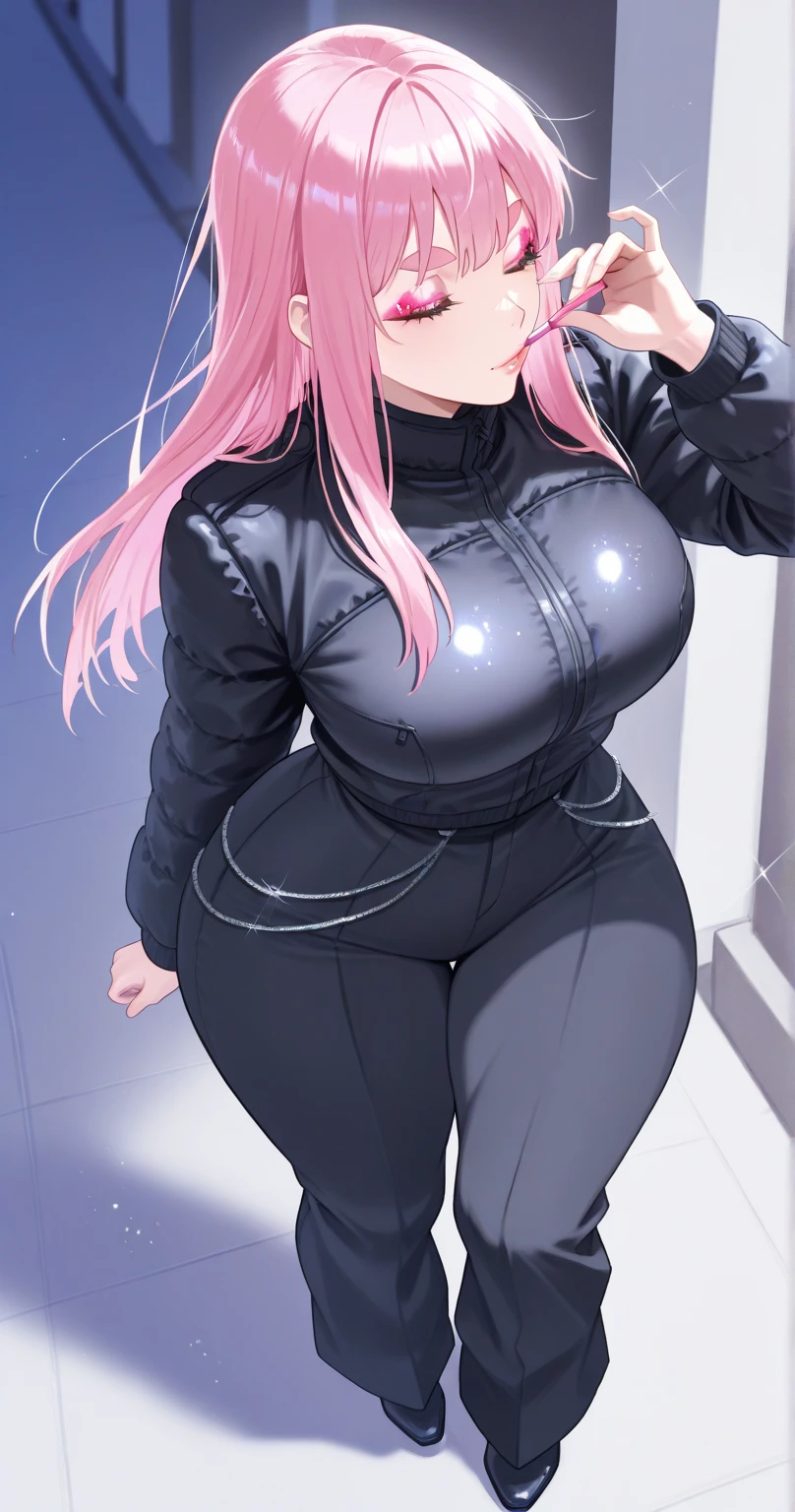 A stunning and seductive woman in a black hoodie with a brand on her chest, her enormous breasts covered by the hoodie, glanced shyly over her shoulder.