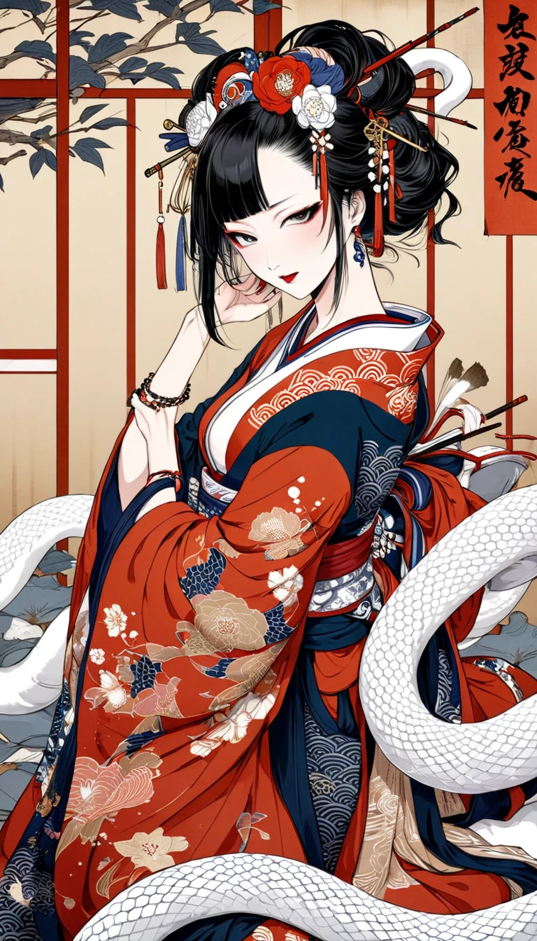 Ukiyo-e, super complex high definition , beautiful traditional Japanese culture , White Snake 、Enchanting Courtesans 、 Japanese Tattoos 、 anatomically accurate, High Detail ,