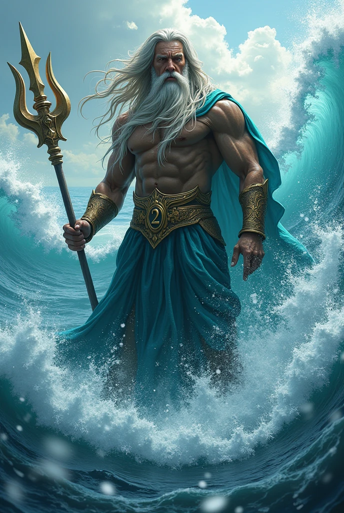 Uma imagem majestosa de Poseidon emergindo das profundezas do oceano. He is mounted on a marine throne, surrounded by exotic sea creatures and colorful corals. In the hands, segura um tridente reluzente, simbolizando seu poder sobre os mares. Ondas gigantes e espumas criam um ambiente imponente e tempestuoso.