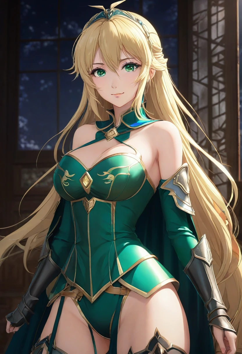 young girl, long blonde hair, Turquoise colors, Tight ninja uniform, smirk, dragon, neckline on the chest, open breasts, claws, Masterpiece, hiquality